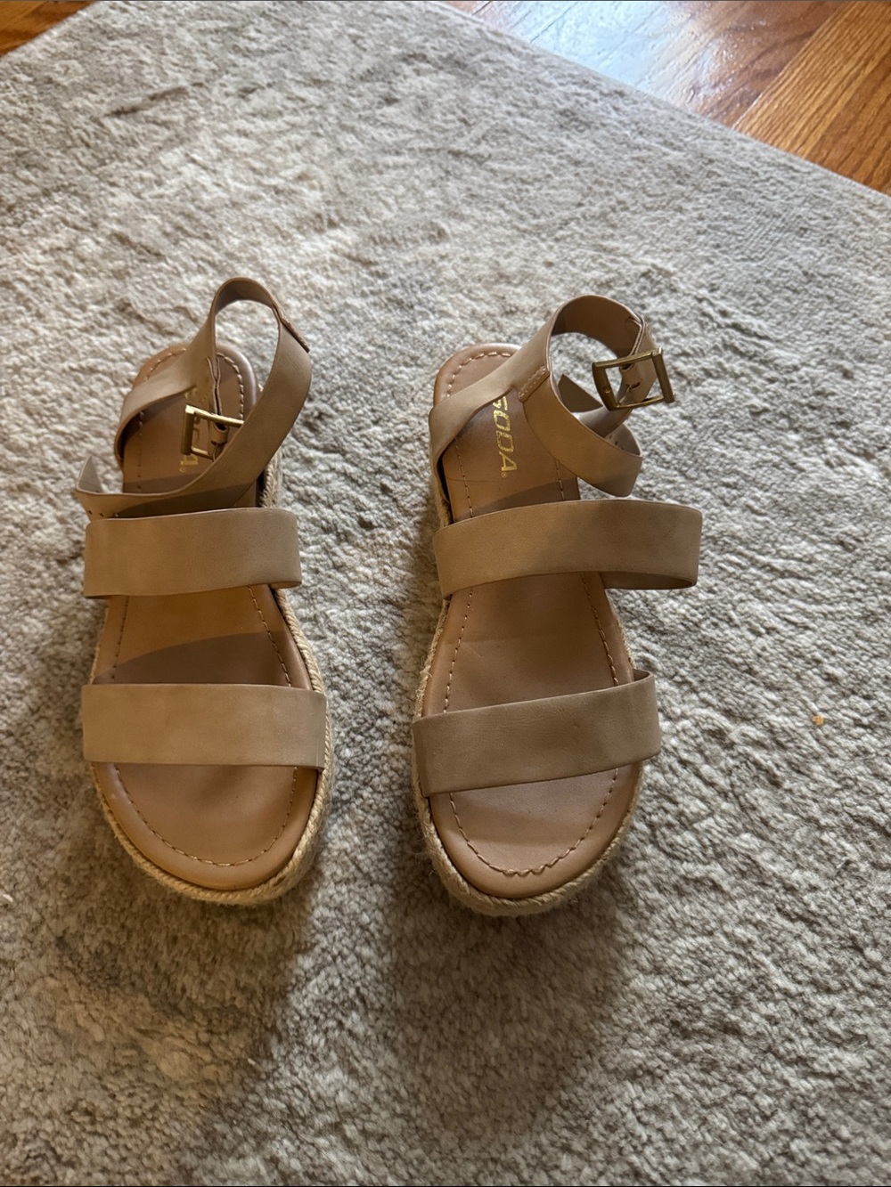 Soda Neutral Tan Double-Strap Wedge Sandals